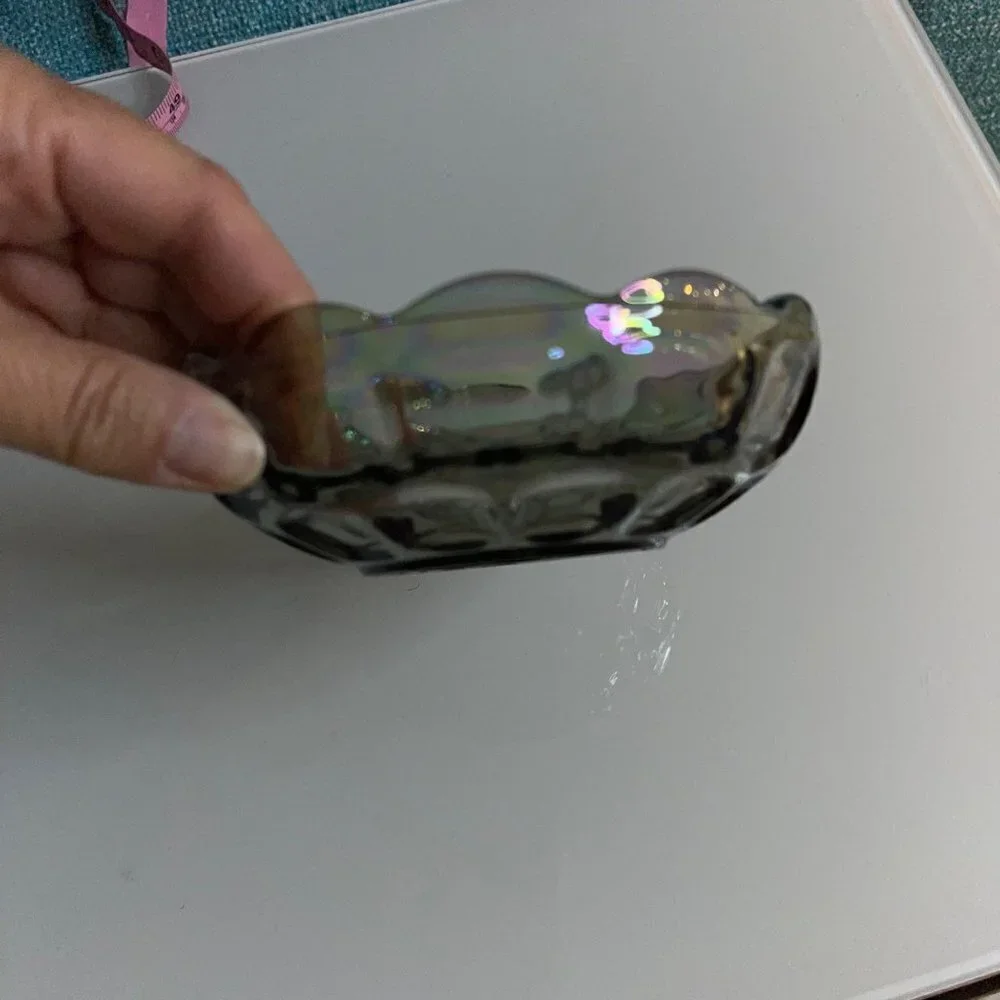 Vintage Carnival Glass Thumb Print Bowl Iridescent Gray Round Decorative
